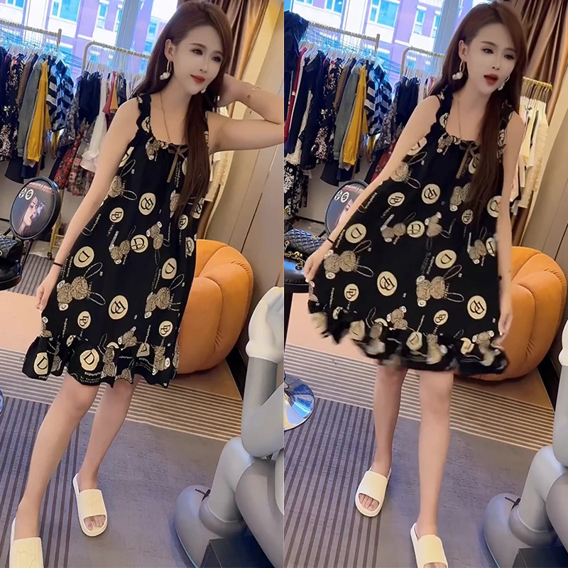 冰丝碎花吊带睡裙女夏季宽松舒适木耳边中长款家居服无袖背心裙