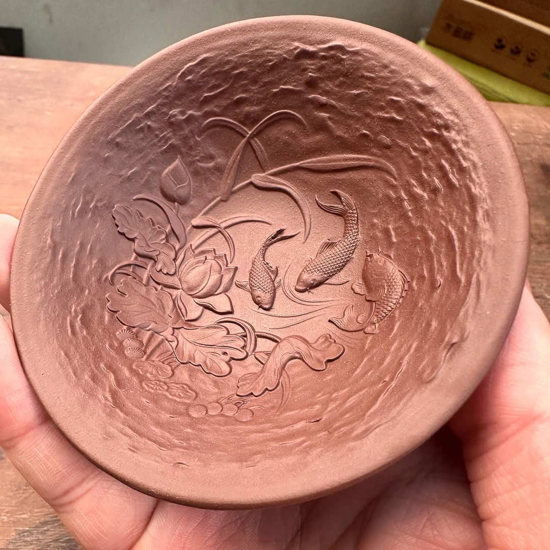 合盛花器 主人杯 刻杯 浮雕年年有鱼杯 斗笠杯小口杯手工茶杯