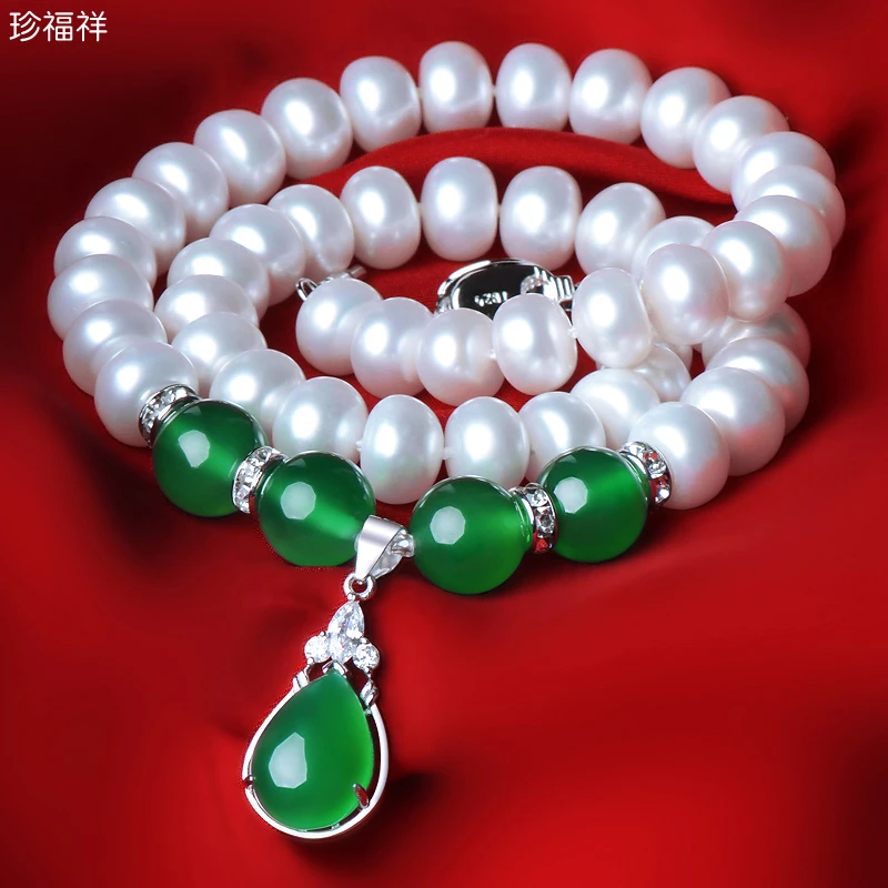 高端超强光珍珠项链天然淡水翠绿色玉髓吊坠母亲节礼物送妈妈