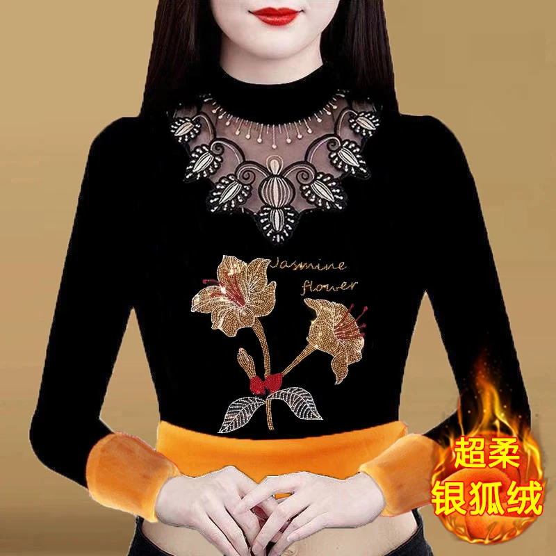 两朵百合加绒大码保暖银狐绒打底衫长袖蕾丝半高领妈妈装减龄上衣