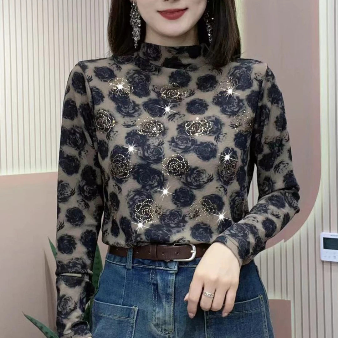 秋冬新款半高领印花长袖洋气时尚宽松德绒小衫遮肚显瘦打底T恤女