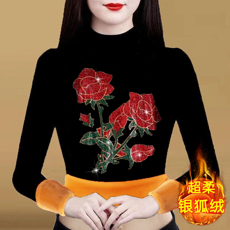 带刺玫瑰大码遮肚子长袖加绒加厚半高领打底衫银狐绒秋冬新款上衣