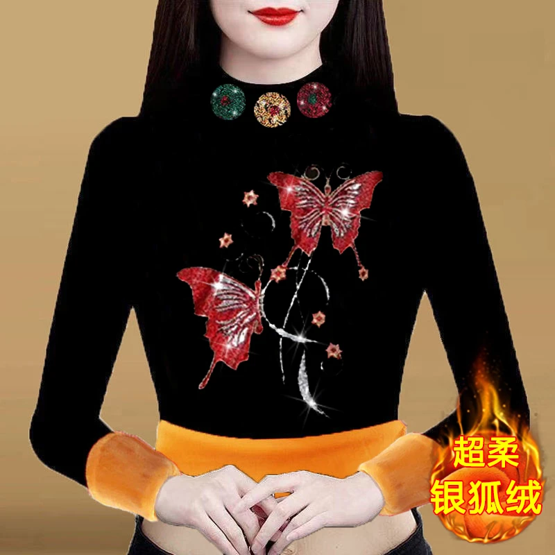 蝴蝶齐飞半高领加绒加厚长袖上衣洋气妈妈装百搭保暖银狐绒小衫女