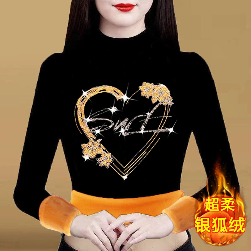 心心相惜大码遮肚子长袖加绒加厚半高领打底小衫妈妈装修身上衣女
