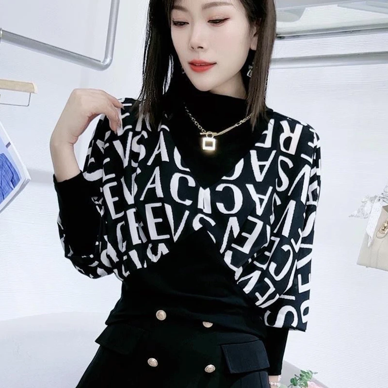 时尚大码遮肚子减龄洋气拼接半高领假两件韩版百搭秋季新款上衣女