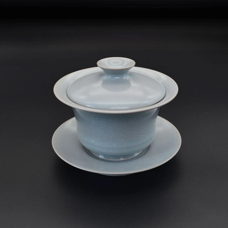 见青坊 汝官窑仿古釉马蹄三才盖碗纯手工拉胚宝丰清凉寺原矿汝瓷