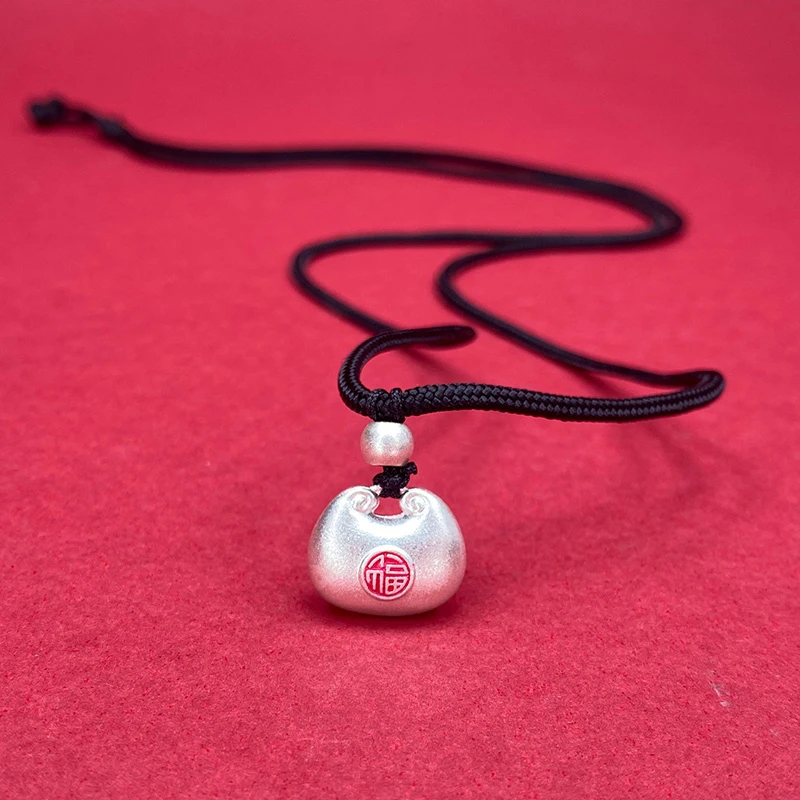 吊坠足银 纯银珐琅彩福字实心双面小胖福吊坠手工编绳项链可调节