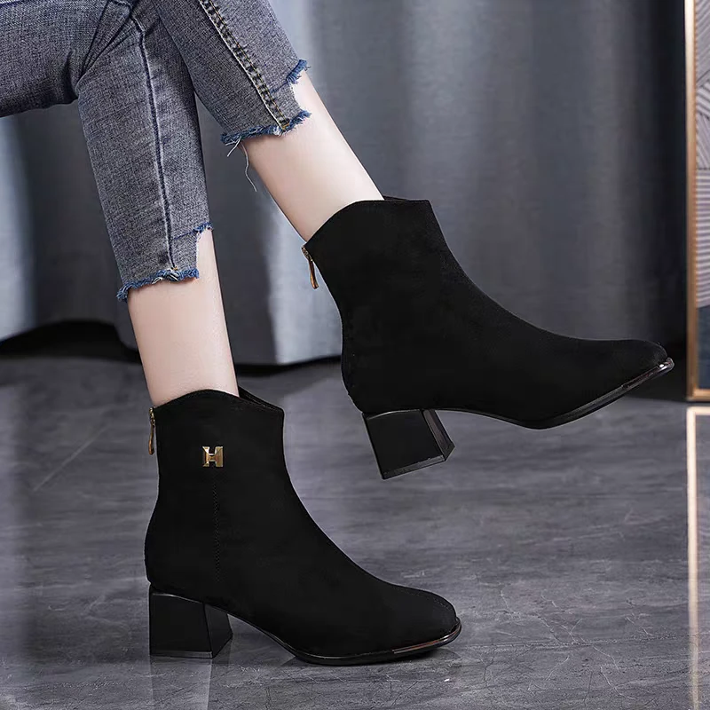 2024秋冬专柜正品新款真皮短靴圆头拉链中跟粗跟女鞋6360-6 A25