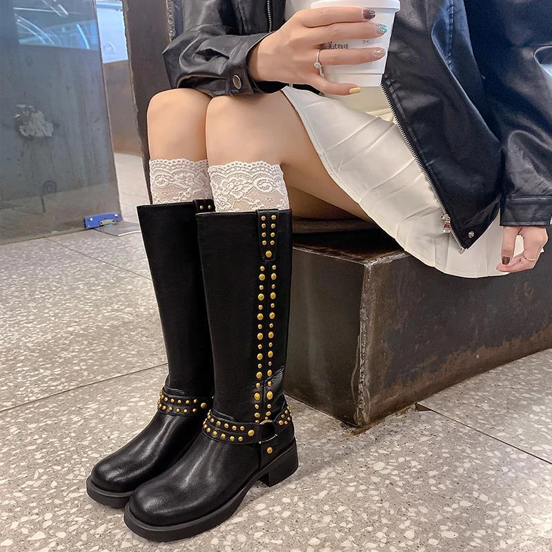 美拉德骑士靴西部牛仔靴秋冬新品厚底长筒靴女靴7066 A61美式时尚