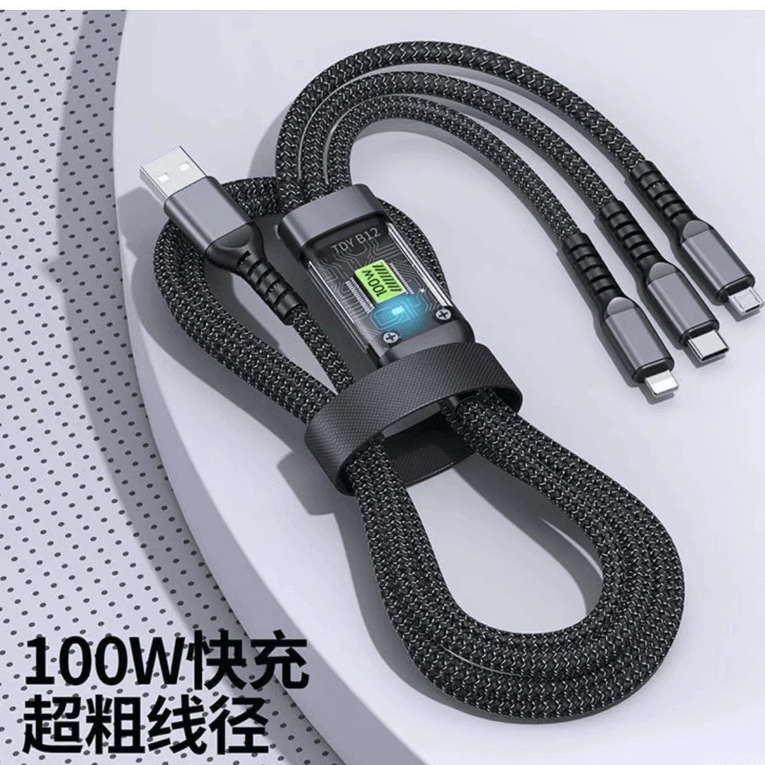 三合一充电线透明中卡一拖三适用华为荣耀苹果加长数据线100W