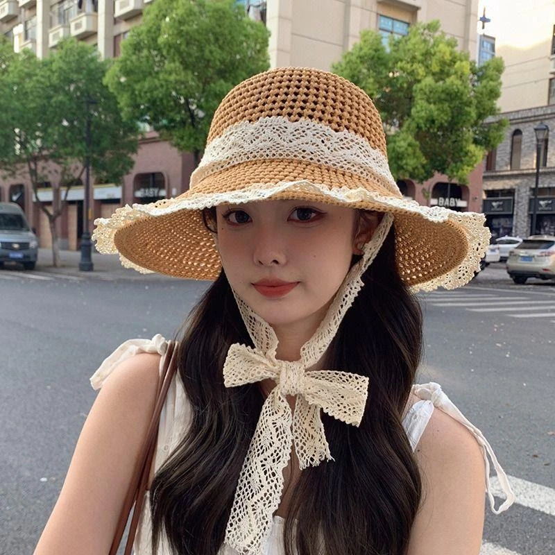 草帽女蕾丝绑带花边渔夫帽新款防晒镂空透气遮阳帽出游海边太阳帽