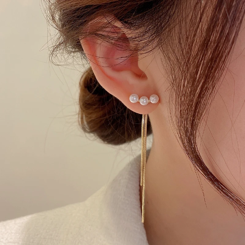 合金仿珍珠耳饰 贝珠双流苏耳环长款轻奢高级耳钉一款两戴耳饰28