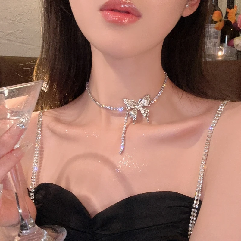 合金合成锆石项链 闪钻蝴蝶项链轻奢小众设计高级感锁骨链颈链488