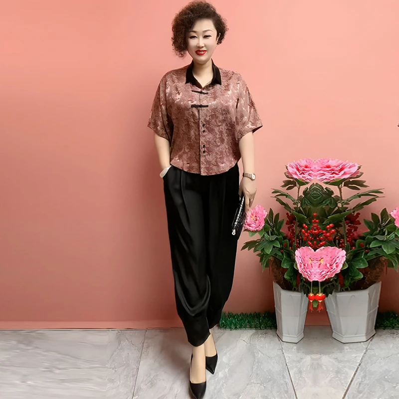 妈妈夏装中老年人宽松大码印花衬衫阔太太复古短款开衫上衣外套女