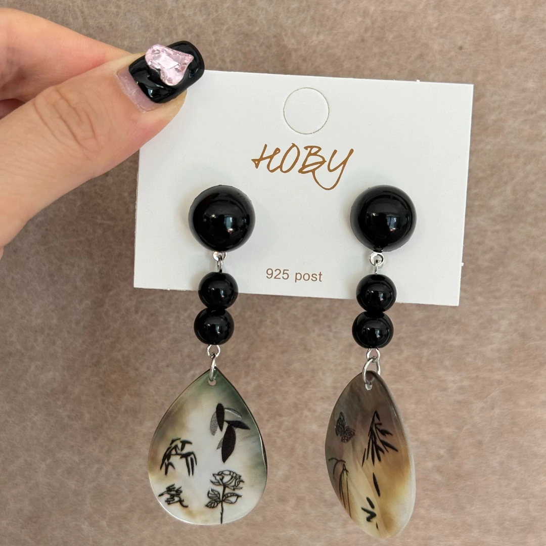 铜合金耳饰 古风水墨耳饰925银针气质时尚百搭复古简约长款纯手工