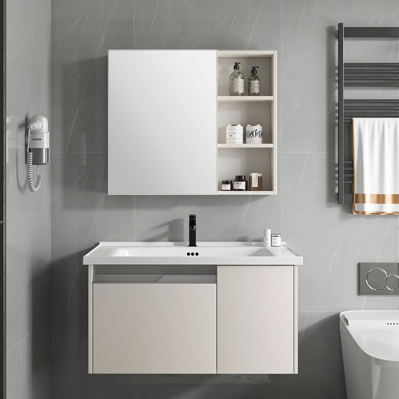 奶油风格整板实心铝蜂窝铝合金浴室柜陶瓷岩板盆防水防潮智能镜柜