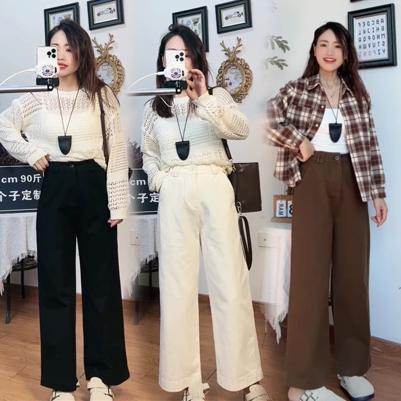 【新品上架】2025早春新款港风洋气九分纯棉阔腿休闲裤女显瘦直筒裤