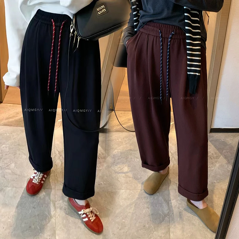 【九九】设计感抽绳显瘦阔腿裤子2025秋季新品韩版卷边直筒休闲裤女