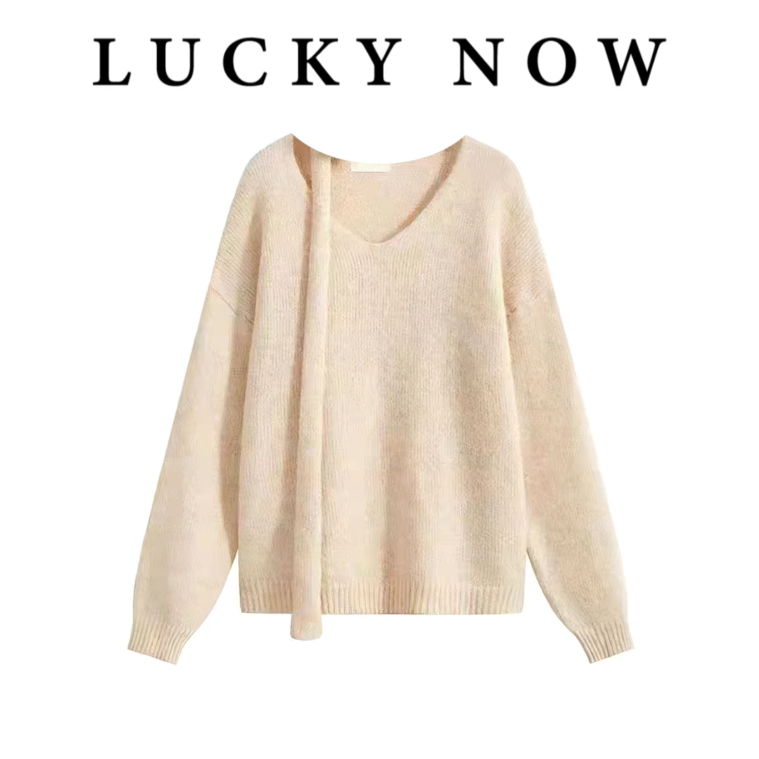Lucky now · 韩系温柔飘带V领套头针织衫毛衣