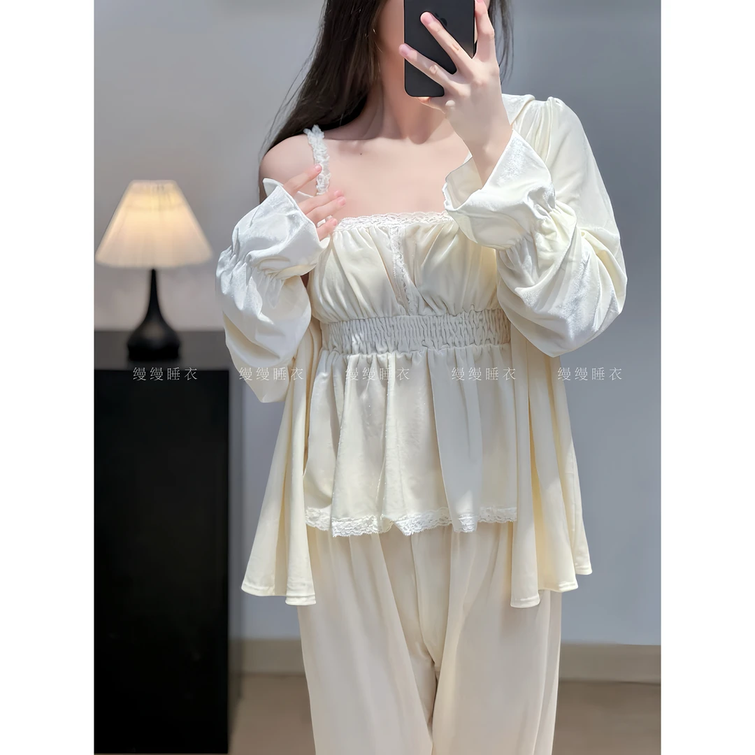 【法式香橙】法式秋冬丝绒气质长袖设计感显瘦小众纯欲风睡衣女套装