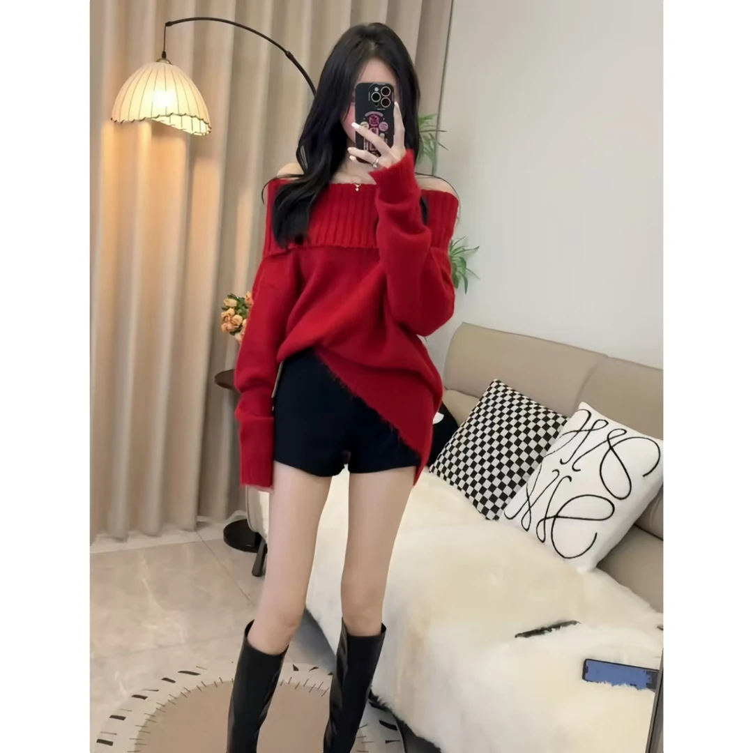 新年跨年氛围感红色穿搭时尚气质慵懒风一字肩宽松露肩毛衣套装