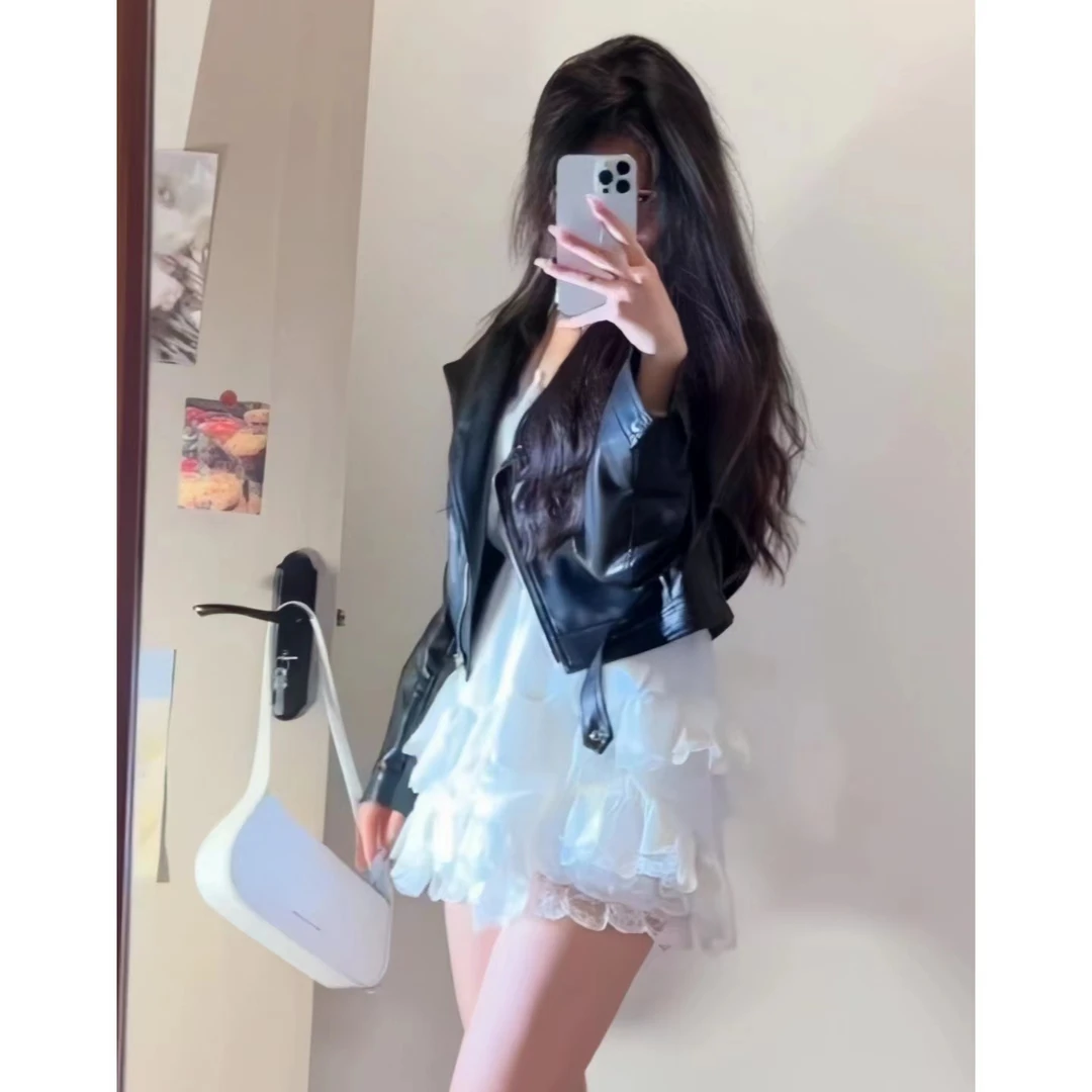 2025美式复古小个子机车秋装外套女黑皮衣套装夹克蕾丝拼接吊带裙