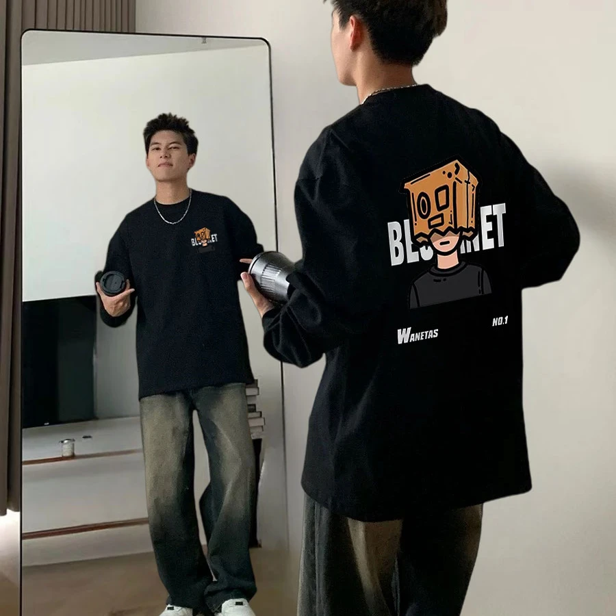 重磅纯棉潮牌美式高街痞帅圆领男装春秋季港风百搭长袖T恤上衣