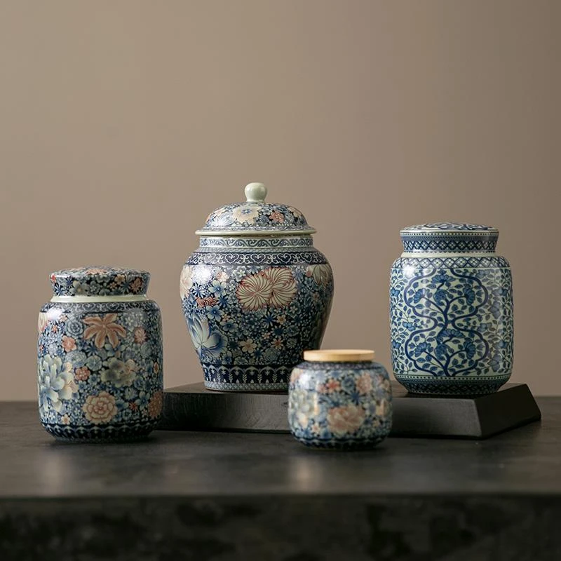 汝窑青花陶瓷家用小型中式茶叶密封罐储存罐茶叶罐可养复古存茶罐