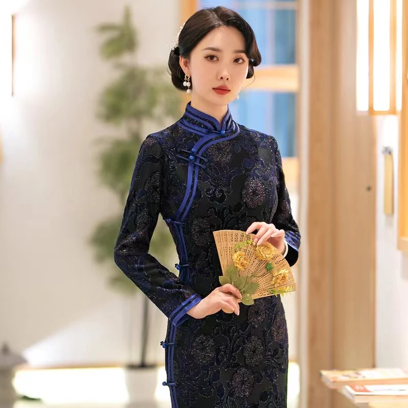 2031--蓝色旗袍--苏州高端旗袍加绒加厚