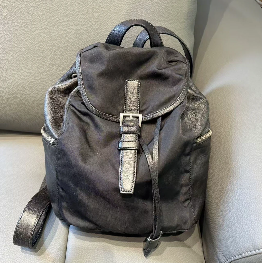 95新 Prada/普拉达 黑色拼皮双肩包11239825