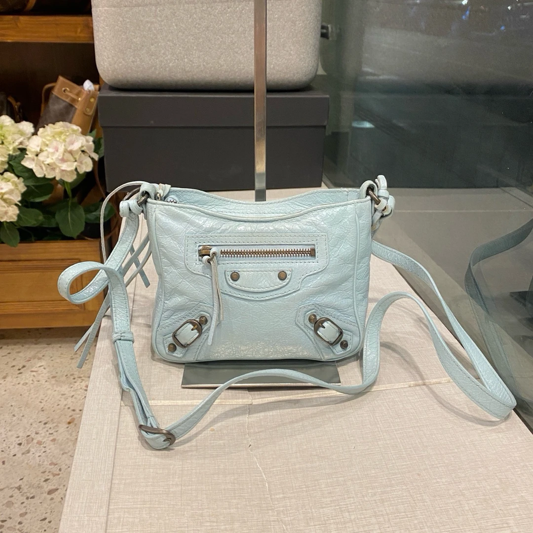 95新 Balenciaga/巴黎世家 baby蓝mini机车单肩斜挎包附肩带