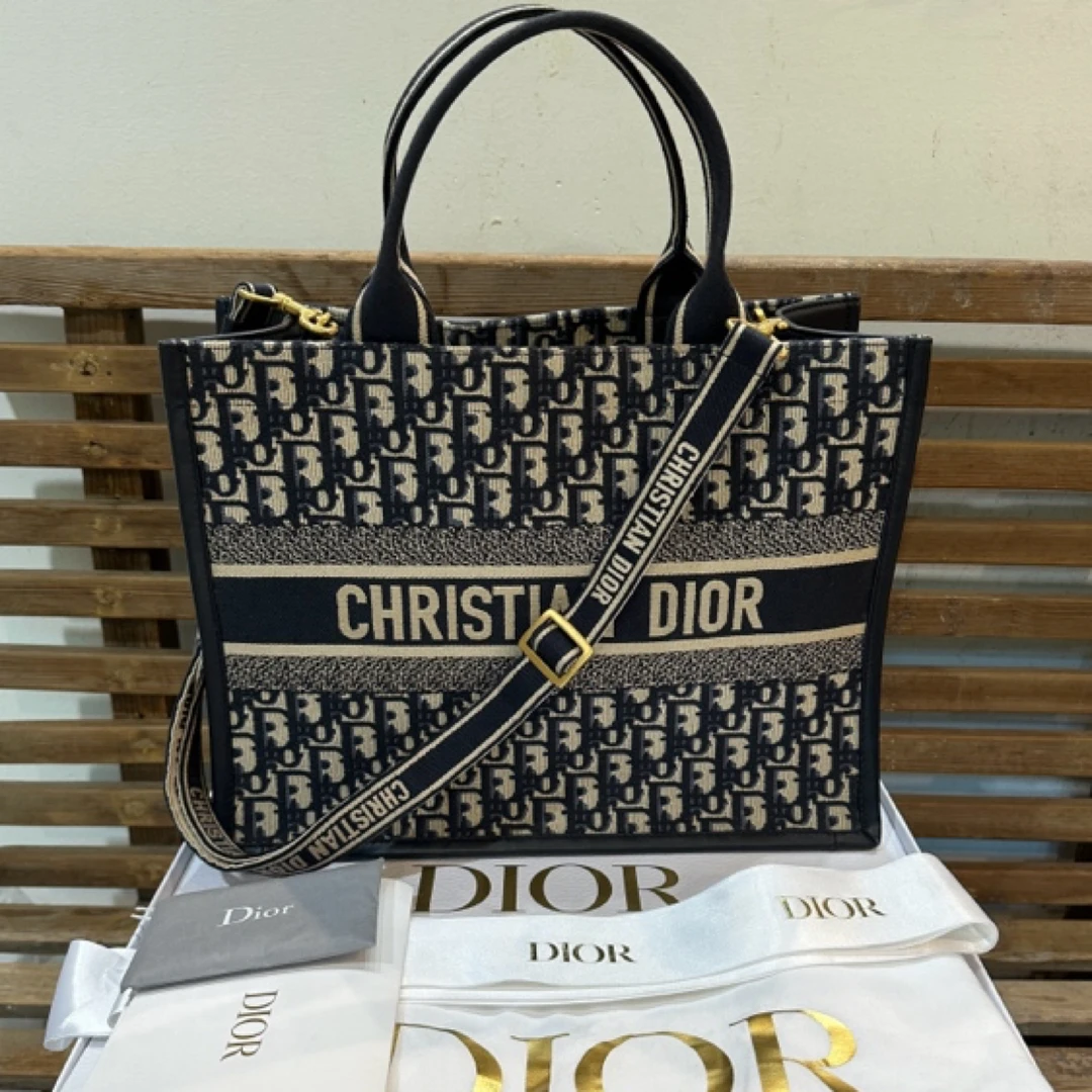 99新 DIOR/迪奥 大全套 中号蓝色老花托特包购物袋