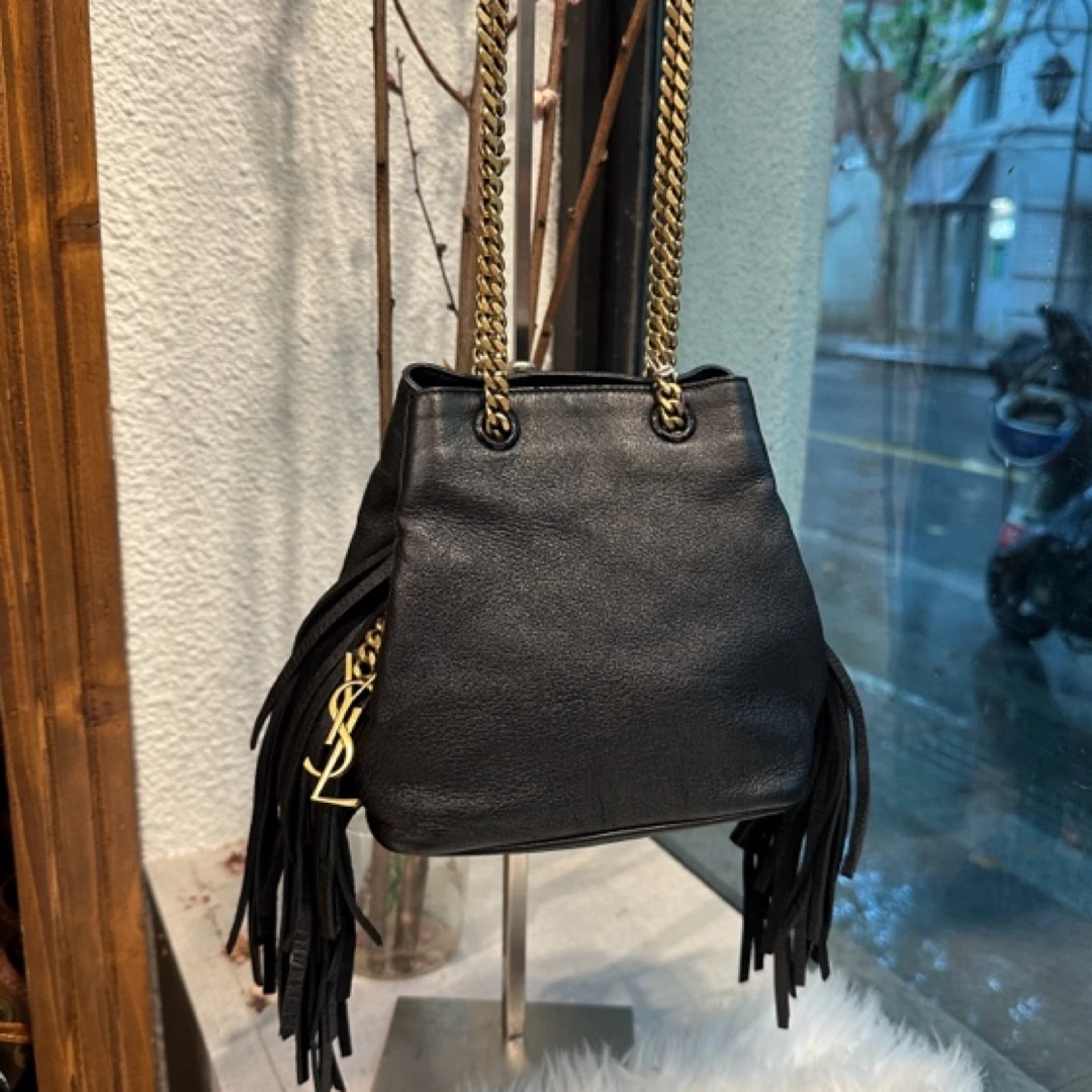 95新 YSL/圣罗兰 黑金流苏 链条单肩斜挎包