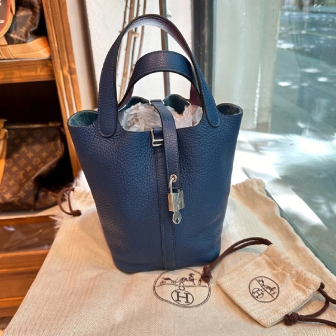 99新 Hermes/爱马仕 深邃蓝菜篮子18 银扣 D刻 小全套