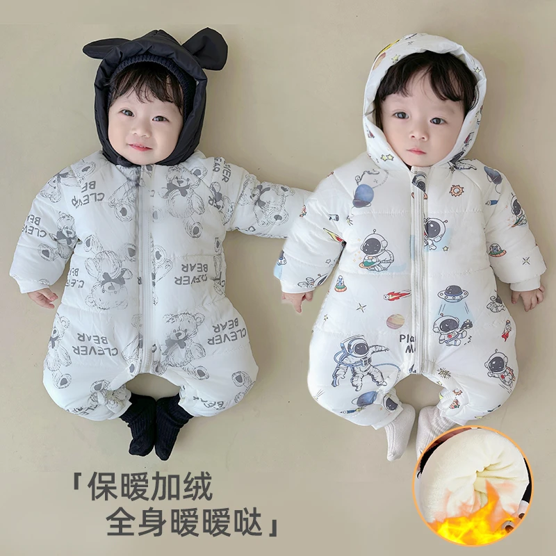 婴儿加厚连体衣男女宝宝哈衣加绒保暖外出抱衣加 绒棉棉服冬款