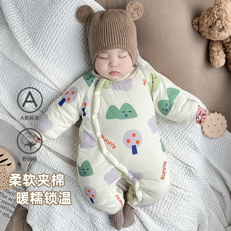 婴儿爬爬服长袖连体衣连体保暖夹棉哈衣新生儿棉服