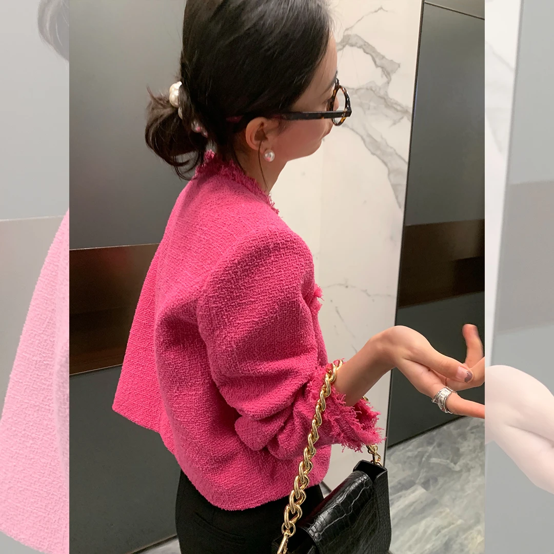 LICKYSENIOR Shocking pink!珍珠扣短款小香外套女春名媛气质上衣