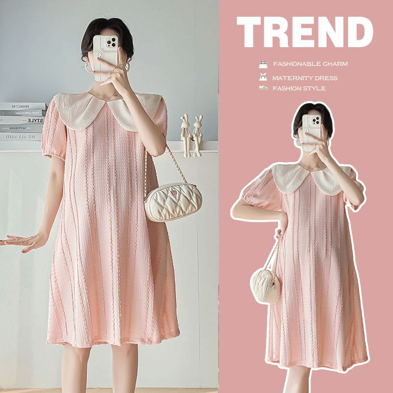 孕妇夏季新款甜美时尚娃娃领肌理感夏季减龄短袖显瘦气质连衣裙