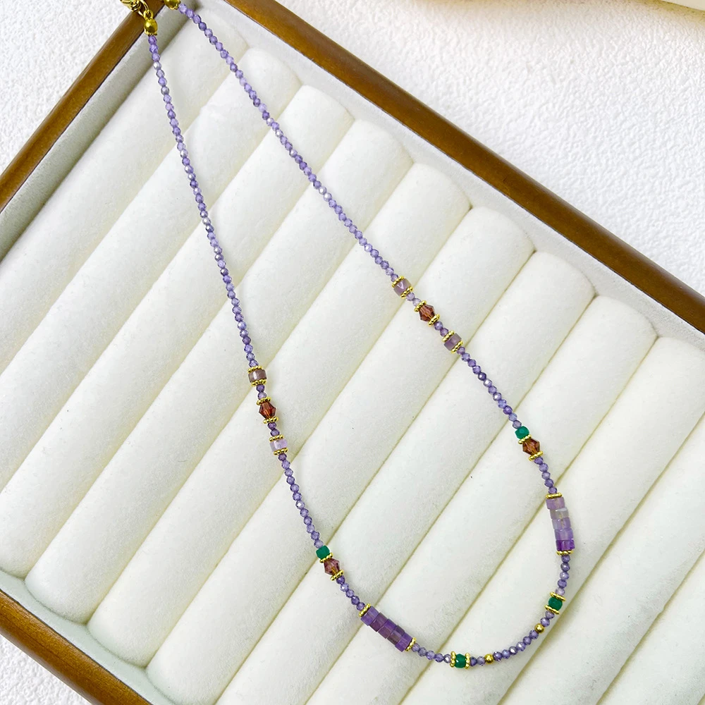 钛钢锆石项链 九紫离火紫珠项链轻奢时尚简约手工拼接颈链锁骨链