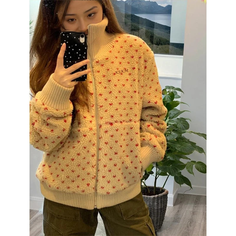 临典米色仿羊羔绒外套女2025秋冬季新款宽松立领百搭休闲毛毛上衣