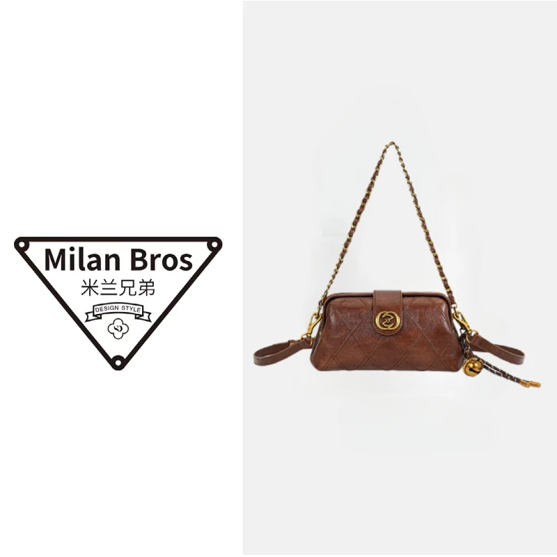 无品牌【米兰兄弟】秋冬新款手提斜跨女包9016菱格棕