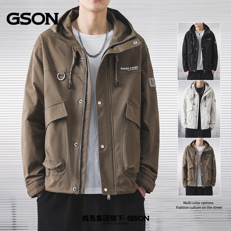 GSON连帽夹克男士春秋季2024新款休闲美式工装外套衣服男潮流百搭