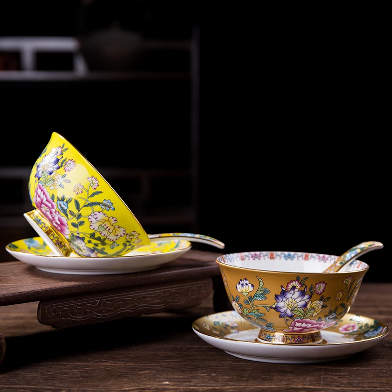 家用碗碟勺套装金边米饭碗三件套陶瓷碗筷骨碟餐厅高端景德镇餐具