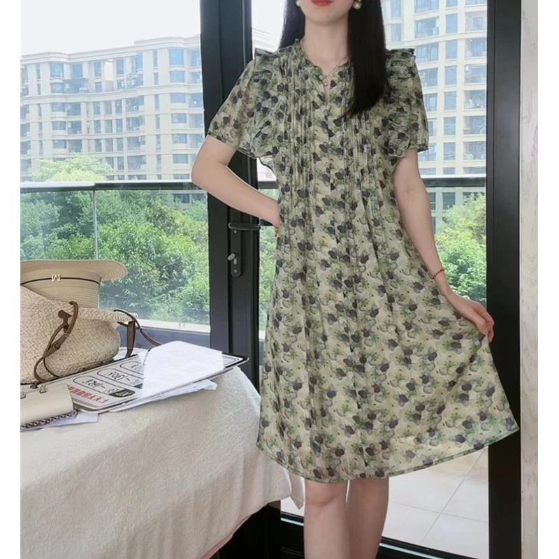 檬檬碎花宽松连衣裙显瘦气质时尚夏季复古法式收腰印花韩版裙子