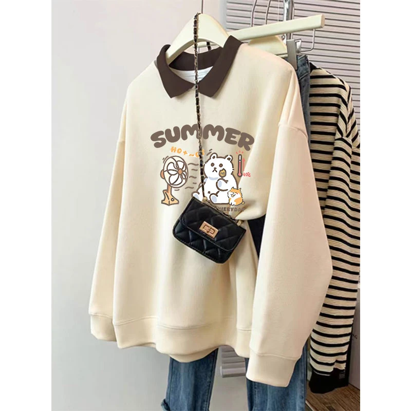 2024年新款宽松加绒加厚秋冬POLO领卫衣女装设计感小众外套上衣服