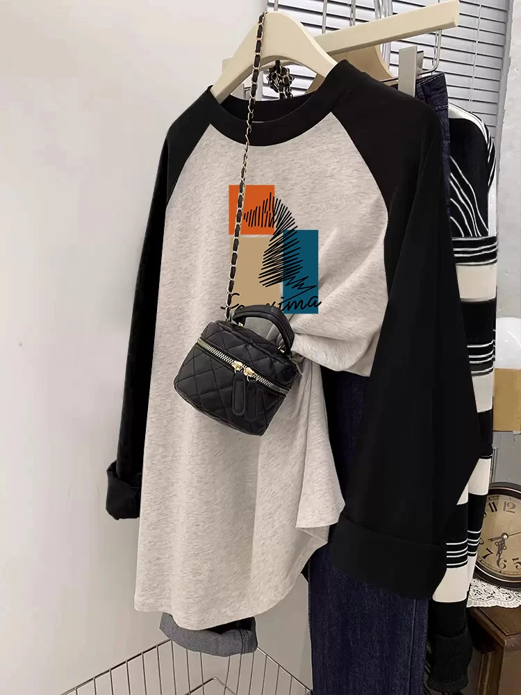 200斤胖mm宽松插肩袖纯棉长袖t恤女装设计感小众显瘦遮肚上衣体恤