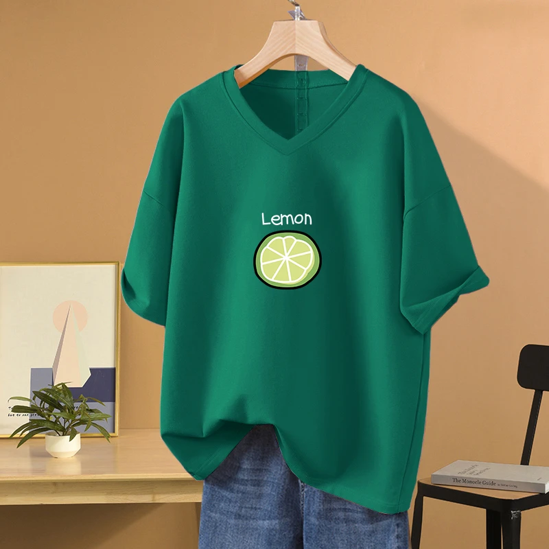 大码宽松V领纯棉短袖t恤女装2024年新款胖mm设计感小众显瘦上衣服