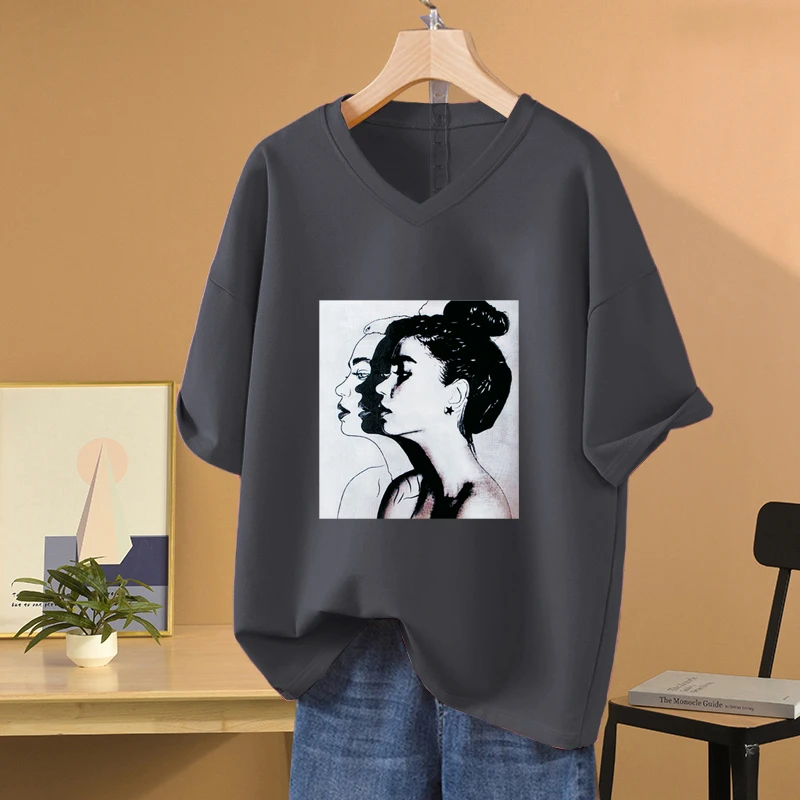 大码宽松胖mm夏季V领纯棉短袖t恤女装oversize显瘦遮肚藏肉上衣服