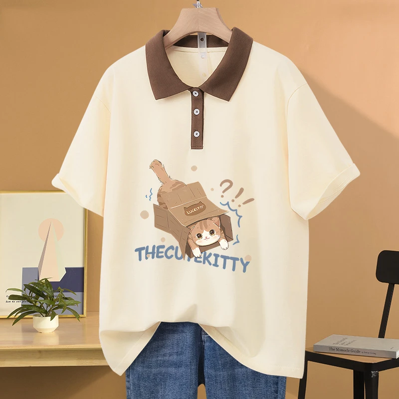 大码oversize宽松胖mm夏季POLO领纯棉短袖t恤女装设计感小众上衣