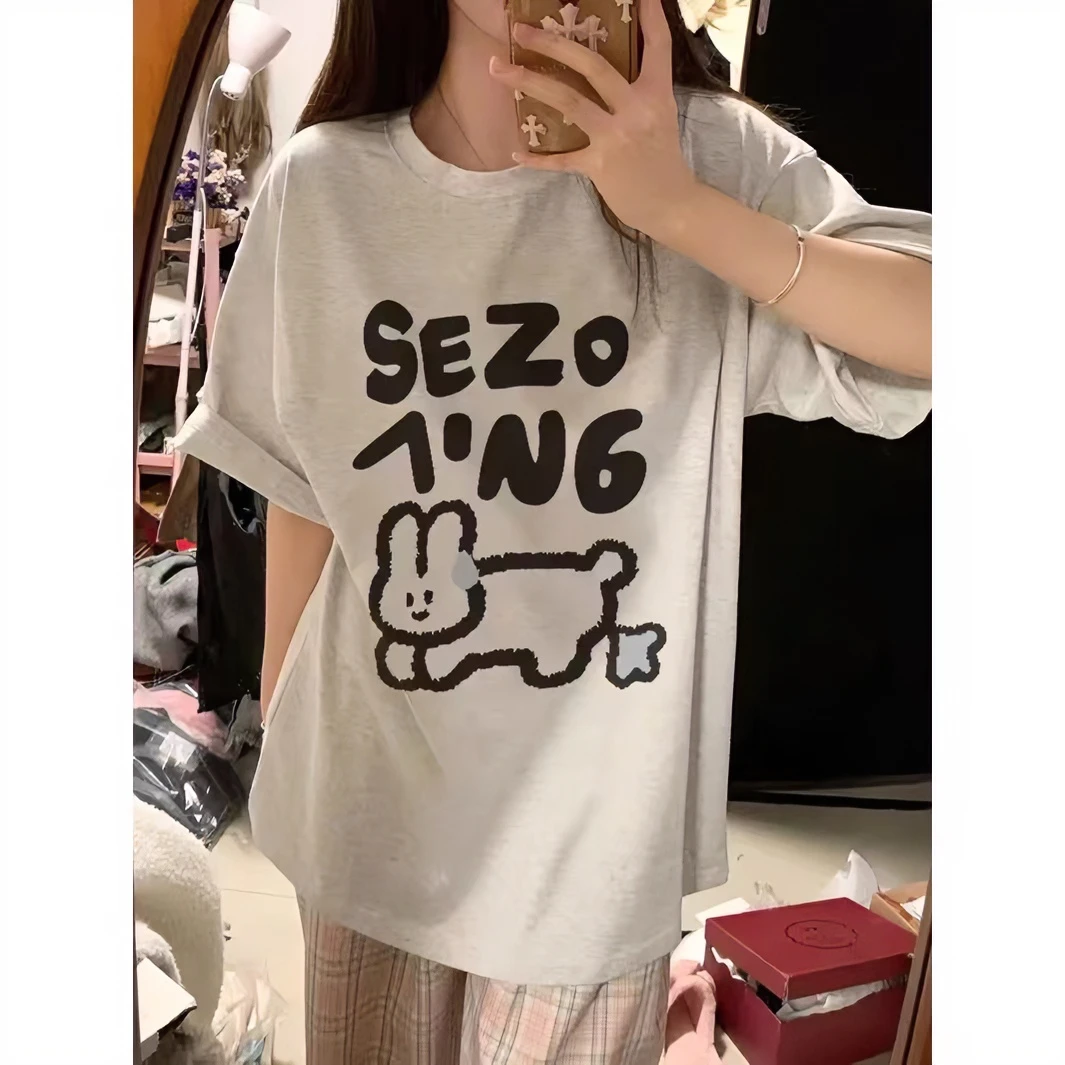 重磅纯棉短袖落肩潮牌t恤女夏季2025新款oversize宽松半袖上衣服